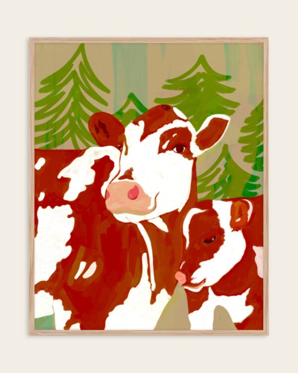 Shop Mama’s Love – Cow & Calf Woodland Embrace painting Art Print, Canvas Print, commercial digital license, instant download printable - exclusively certified at 83oranges.com by artist Uma Gokhale India