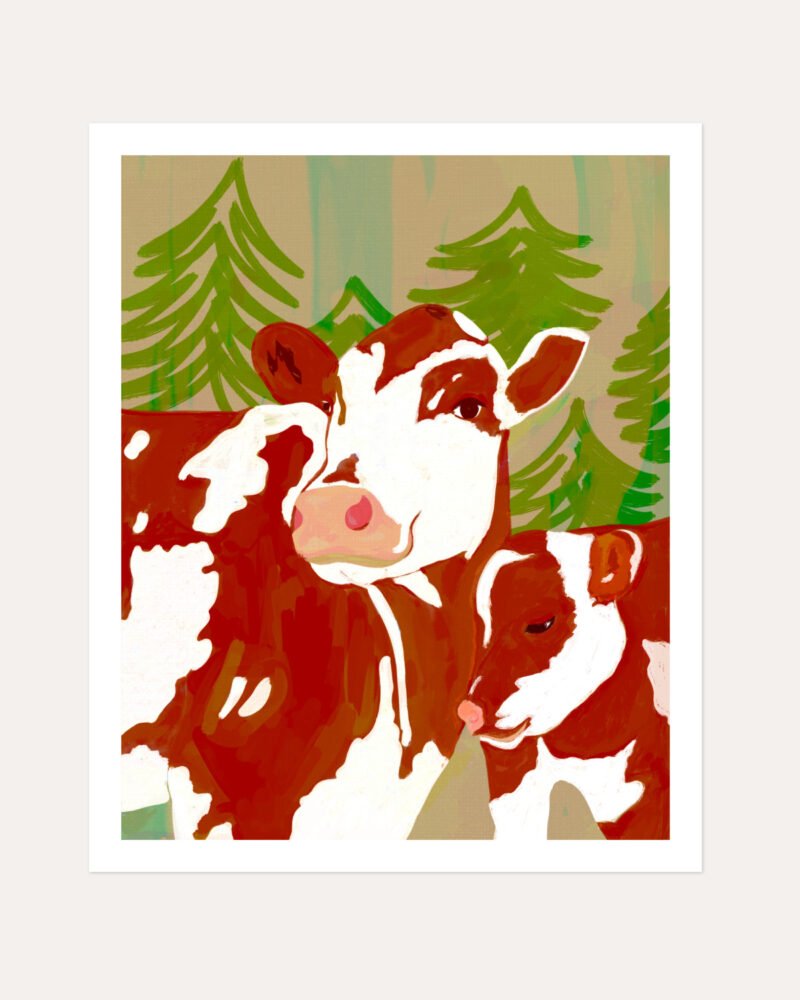 Shop Mama’s Love – Cow & Calf Woodland Embrace painting Art Print, Canvas Print, commercial digital license, instant download printable - exclusively certified at 83oranges.com by artist Uma Gokhale India