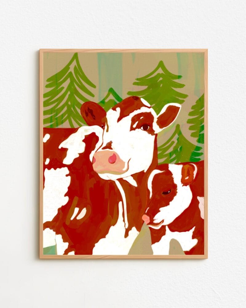 Shop Mama’s Love – Cow & Calf Woodland Embrace painting Art Print, Canvas Print - exclusively certified at 83oranges.com by artist Uma Gokhale India