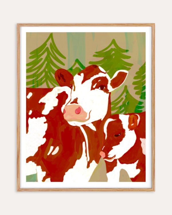 Shop Mama’s Love – Cow & Calf Woodland Embrace painting Art Print, Canvas Print, commercial digital license, instant download printable - exclusively certified at 83oranges.com by artist Uma Gokhale India