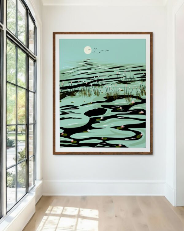 Shop dreamy lake landscape wild pond painting Art Print, Canvas Print, digital license download - exclusively certified at 83oranges.com by artist Uma Gokhale India