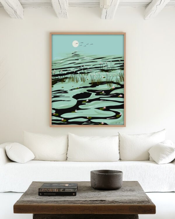 Shop dreamy lake landscape wild pond painting Art Print, Canvas Print, digital license download - exclusively certified at 83oranges.com by artist Uma Gokhale India