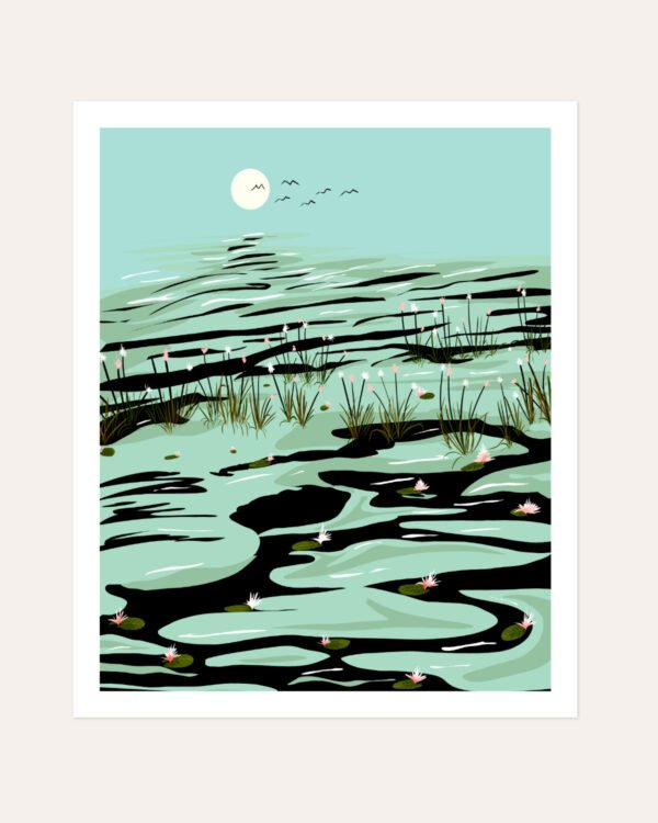 Shop dreamy lake landscape wild pond painting Art Print, Canvas Print, digital license download - exclusively certified at 83oranges.com by artist Uma Gokhale India