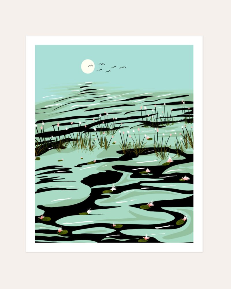 Shop dreamy lake landscape wild pond painting Art Print, Canvas Print, digital license download - exclusively certified at 83oranges.com by artist Uma Gokhale India