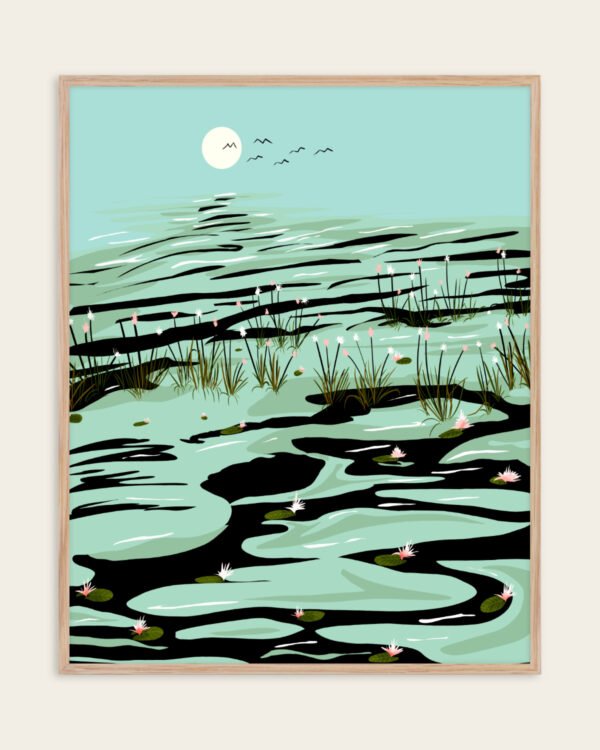 Shop dreamy lake landscape wild pond painting Art Print, Canvas Print, digital license download - exclusively certified at 83oranges.com by artist Uma Gokhale India