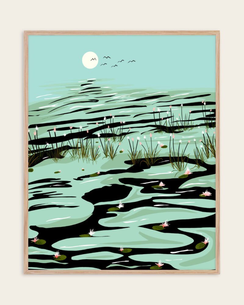 Shop dreamy lake landscape wild pond painting Art Print, Canvas Print, digital license download - exclusively certified at 83oranges.com by artist Uma Gokhale India