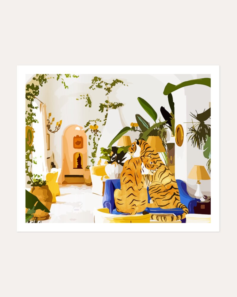 Shop tiger love luxury villa interior summer Art Print, Canvas Print, commercial digital license, instant download printable - exclusively certified at 83oranges.com by artist Uma Gokhale India home banner