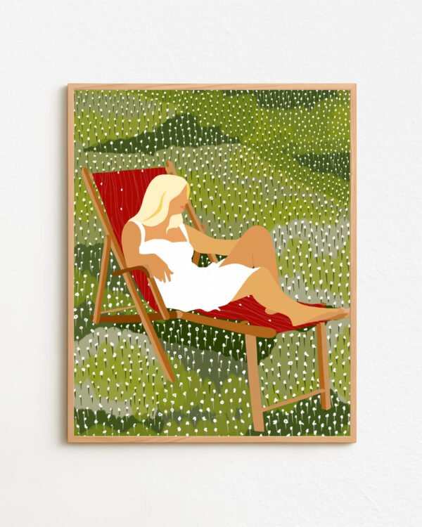 Escape into serenity with Asleep in the Meadow, a calming artwork that celebrates stillness and softness in nature. This dreamy print features a blonde woman reclining on a red lounge chair, surrounded by a lush field of tiny white blossoms. The mix of earthy greens and soft whites creates a visual lullaby—inviting you to take a deep breath, let go, and be present. Perfect for bedrooms, reading corners, or any space where peace is the desired mood, this piece offers an aesthetic blend of slow living and gentle femininity. Printed with rich, archival inks on premium matte paper, this artwork brings a modern yet soothing touch to any gallery wall or minimalist home décor.
