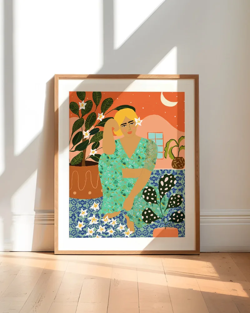 Shop flower collector woman bohemian courtyard plant lady Art Print, Canvas Print, commercial digital license, instant download printable - exclusively certified at 83oranges.com by artist Uma Gokhale India