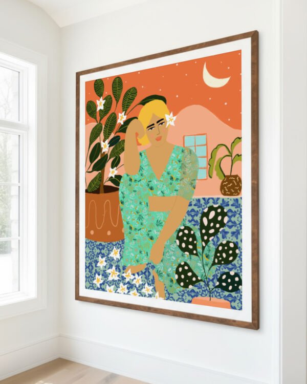 Shop flower collector woman bohemian courtyard plant lady Art Print, Canvas Print, commercial digital license, instant download printable - exclusively certified at 83oranges.com by artist Uma Gokhale India home banner