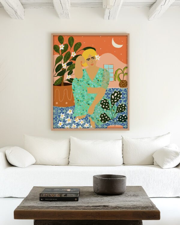 Shop flower collector woman bohemian courtyard plant lady Art Print, Canvas Print, commercial digital license, instant download printable - exclusively certified at 83oranges.com by artist Uma Gokhale India home banner