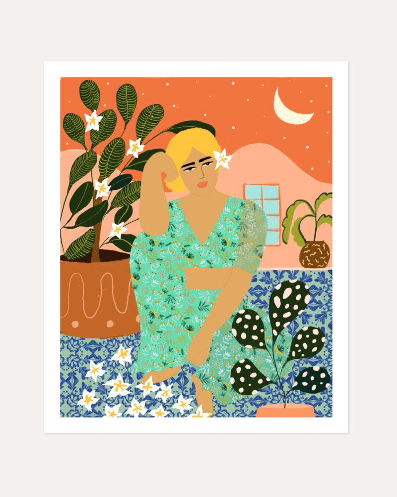 Shop flower collector woman bohemian courtyard plant lady Art Print, Canvas Print, commercial digital license, instant download printable - exclusively certified at 83oranges.com by artist Uma Gokhale India home banner