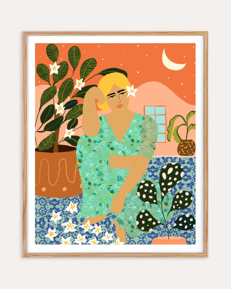 Shop flower collector woman bohemian courtyard plant lady Art Print, Canvas Print, commercial digital license, instant download printable - exclusively certified at 83oranges.com by artist Uma Gokhale India home banner