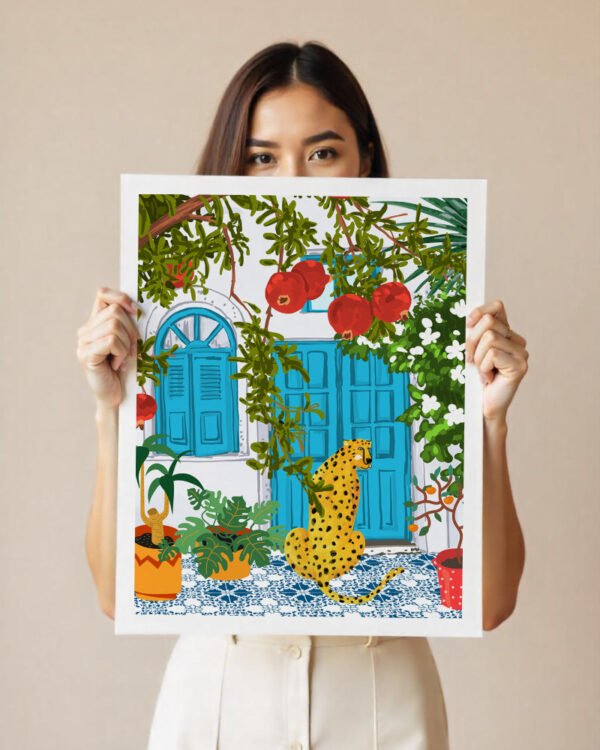 Shop Cheetah villa architecture moroccan porch pomegranate garden wild cat animals Art Print, Canvas Print - available at 83oranges.com by artist Uma Gokhale India