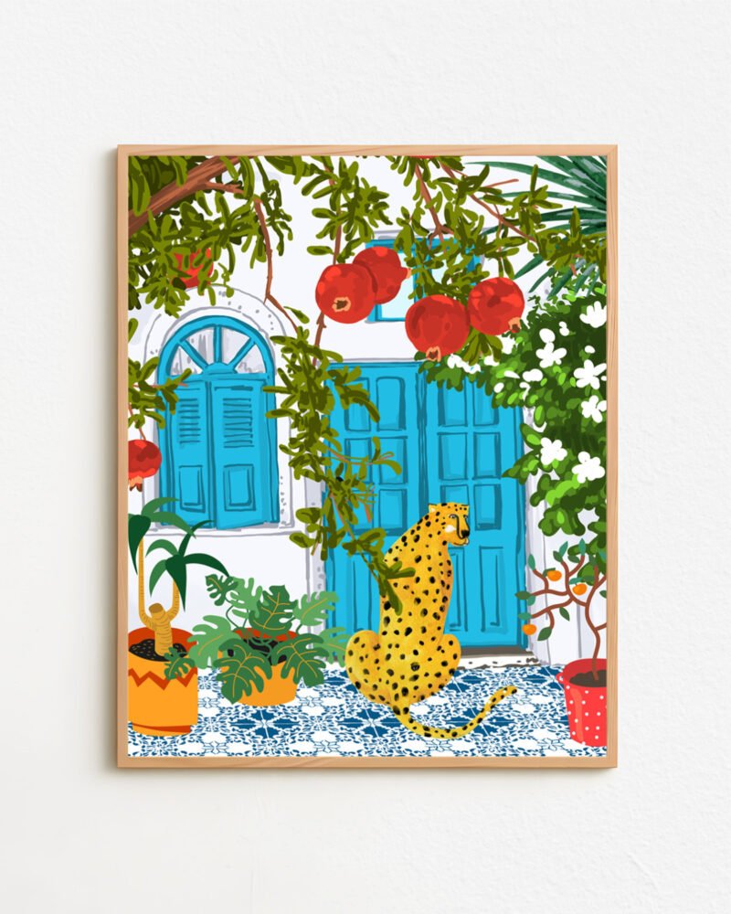 Shop Cheetah villa architecture moroccan porch pomegranate garden wild cat animals Art Print, Canvas Print - available at 83oranges.com by artist Uma Gokhale India