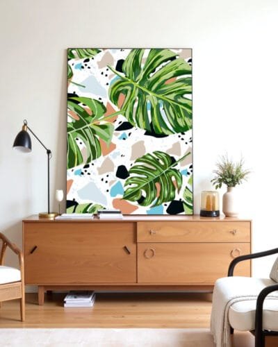 Shop Modern Boho Tropical Terrazzo Monstera Plants Botanical Art Print, Canvas Print & Fabric Print - exclusively available at 83oranges.com by artist Uma Gokhale India