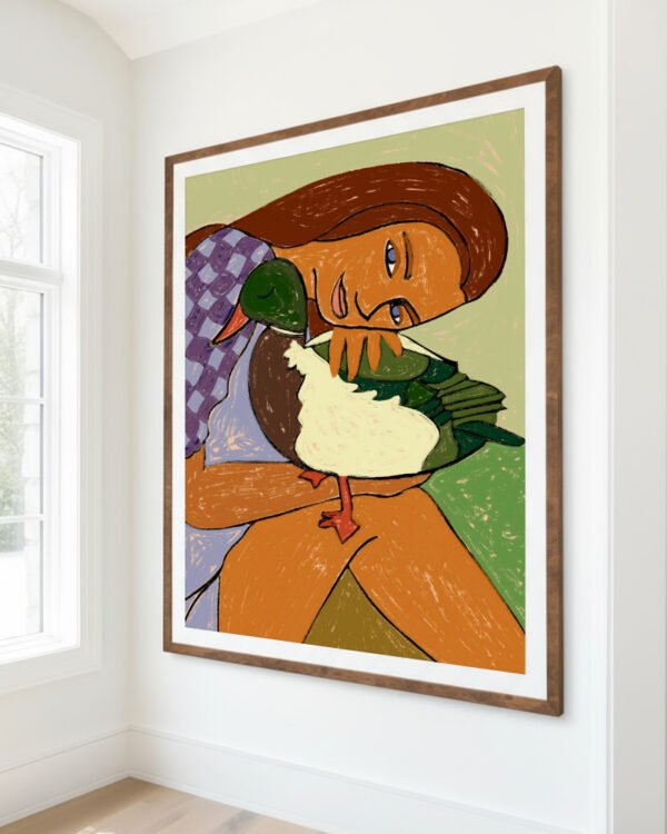 Shop The Girl and the Green-Headed Goose Art Print, Canvas Print, digital commercial license & instant download - available at 83oranges.com by artist Uma Gokhale India