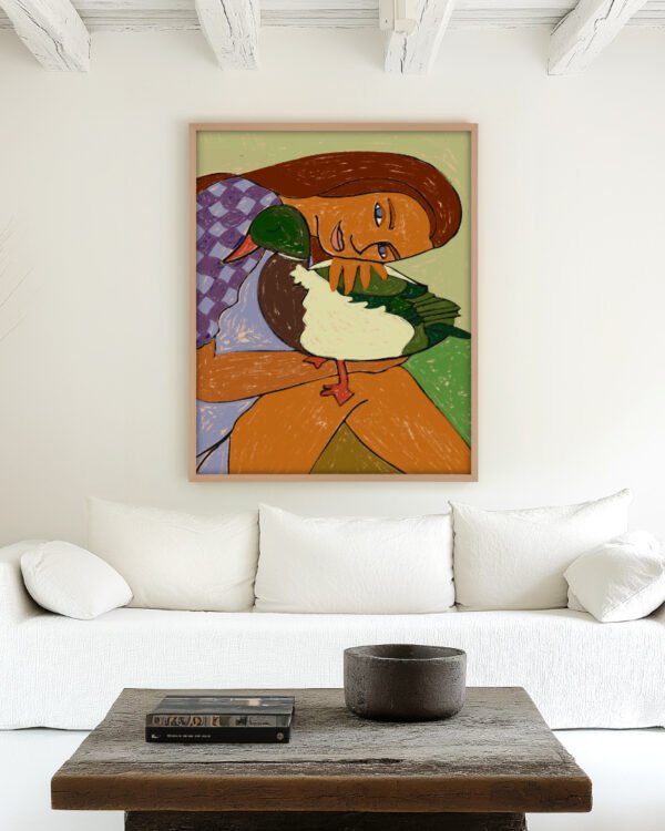 Shop The Girl and the Green-Headed Goose Art Print, Canvas Print, digital commercial license & instant download - available at 83oranges.com by artist Uma Gokhale India
