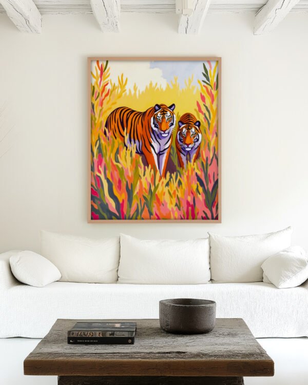 Shop Golden hour tigers wildlife jungle art print, canvas print, digital commercial license, instant digital download printable by Uma Gokhale 83 Oranges India