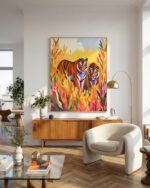 Shop Golden hour tigers wildlife jungle art print, canvas print, digital commercial license, instant digital download printable by Uma Gokhale 83 Oranges India