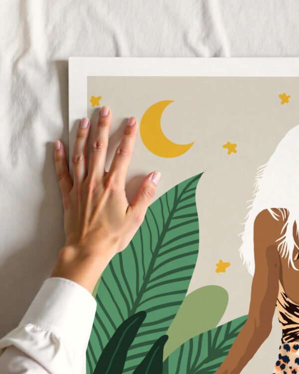 Colorful figurative contemporary wall art print title 'Trust The Wait' framed in a minimalist interior