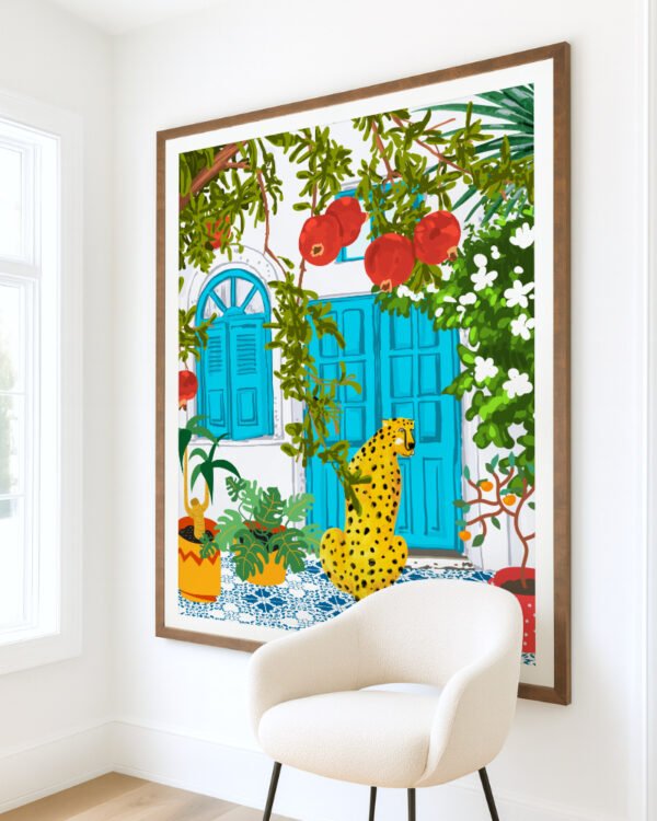 Shop Cheetah villa architecture moroccan porch pomegranate garden wild cat animals Art Print, Canvas Print, digital commercial license, instant download printable - available at 83oranges.com by artist Uma Gokhale India