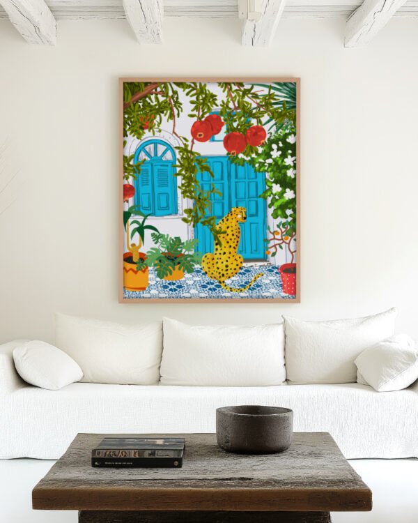 Shop Cheetah villa architecture moroccan porch pomegranate garden wild cat animals Art Print, Canvas Print, digital commercial license, instant download printable - available at 83oranges.com by artist Uma Gokhale India