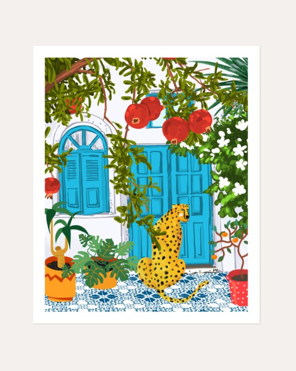 Shop Cheetah villa architecture moroccan porch pomegranate garden wild cat animals Art Print, Canvas Print, digital commercial license, instant download printable - available at 83oranges.com by artist Uma Gokhale Indiame 407