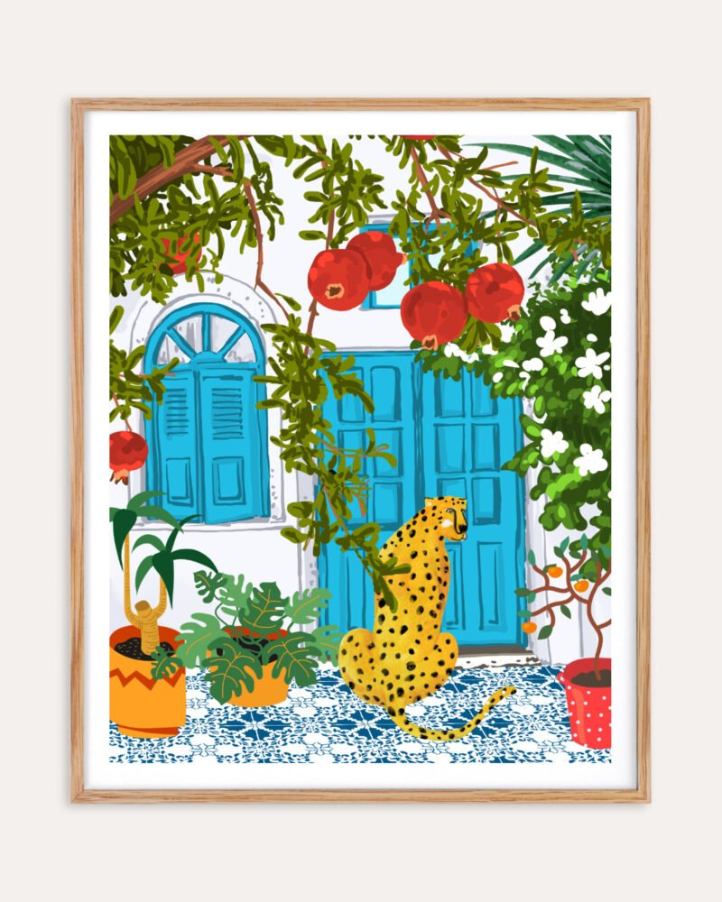 Shop Cheetah villa architecture moroccan porch pomegranate garden wild cat animals Art Print, Canvas Print, digital commercial license, instant download printable - available at 83oranges.com by artist Uma Gokhale India