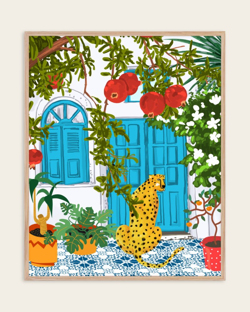 Shop Cheetah villa architecture moroccan porch pomegranate garden wild cat animals Art Print, Canvas Print, digital commercial license, instant download printable - available at 83oranges.com by artist Uma Gokhale India
