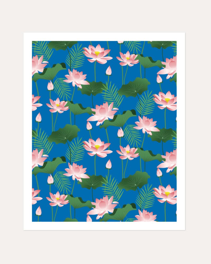 Shop Lotus love art and surface pattern design available to license, shop art prints at 83oranges.com by artist Uma Gokhale India