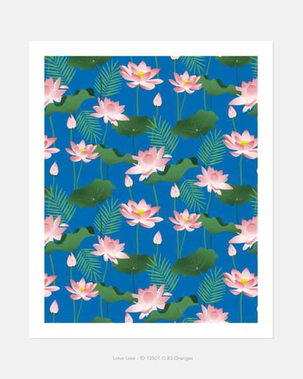 Shop Lotus love art and surface pattern design available to license, shop art prints at 83oranges.com by artist Uma Gokhale India