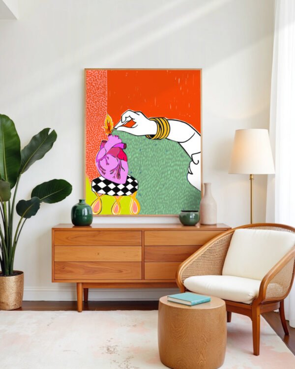 Shop Set my heart on fire bold love break ups relationships passion art print, canvas print, digital commercial license, instant digital download printable by Uma Gokhale 83 Oranges India