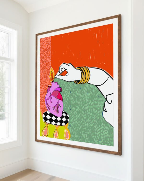 Shop Set my heart on fire bold love break ups relationships passion art print, canvas print, digital commercial license, instant digital download printable by Uma Gokhale 83 Oranges India