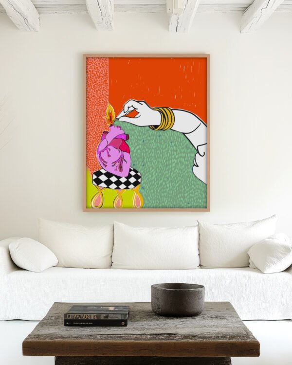 Shop Set my heart on fire bold love break ups relationships passion art print, canvas print, digital commercial license, instant digital download printable by Uma Gokhale 83 Oranges India