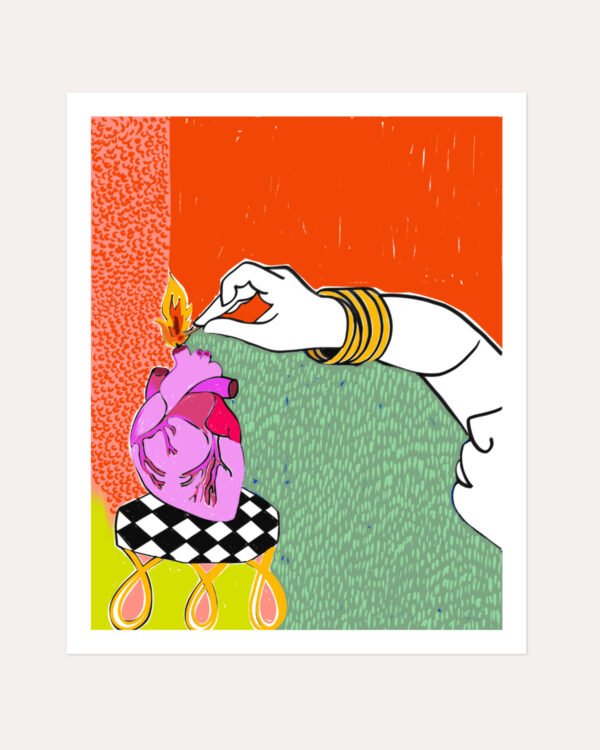 Shop Set my heart on fire bold love break ups relationships passion art print, canvas print, digital commercial license, instant digital download printable by Uma Gokhale 83 Oranges India