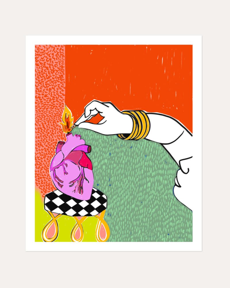 Shop Set my heart on fire bold love break ups relationships passion art print, canvas print, digital commercial license, instant digital download printable by Uma Gokhale 83 Oranges India