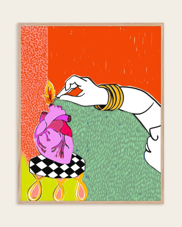 Shop Set my heart on fire bold love break ups relationships passion art print, canvas print, digital commercial license, instant digital download printable by Uma Gokhale 83 Oranges India