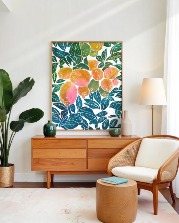 Shop Lemons watercolor Nature botanical Jungle Pastel Palm Art Print, Canvas Print, Commercial digital license & Instant download printable - available at 83oranges.com by artist Uma Gokhale India