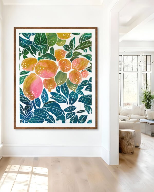 Shop Lemons watercolor Nature botanical Jungle Pastel Palm Art Print, Canvas Print, Commercial digital license & Instant download printable - available at 83oranges.com by artist Uma Gokhale India