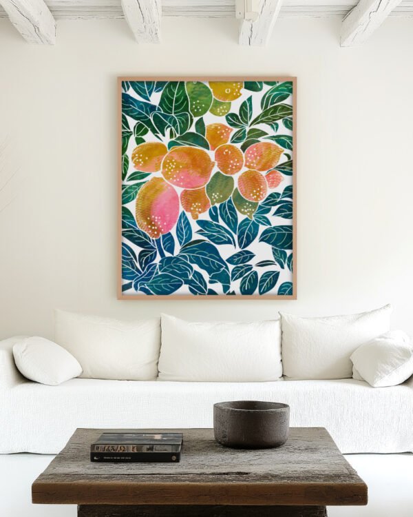 Shop Lemons watercolor Nature botanical Jungle Pastel Palm Art Print, Canvas Print, Commercial digital license & Instant download printable - available at 83oranges.com by artist Uma Gokhale India