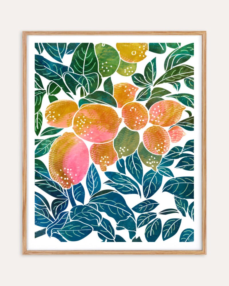 Shop Lemons watercolor Nature botanical Jungle Pastel Palm Art Print, Canvas Print, Commercial digital license & Instant download printable - available at 83oranges.com by artist Uma Gokhale India