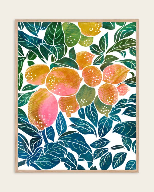 Shop Lemons watercolor Nature botanical Jungle Pastel Palm Art Print, Canvas Print, Commercial digital license & Instant download printable - available at 83oranges.com by artist Uma Gokhale India