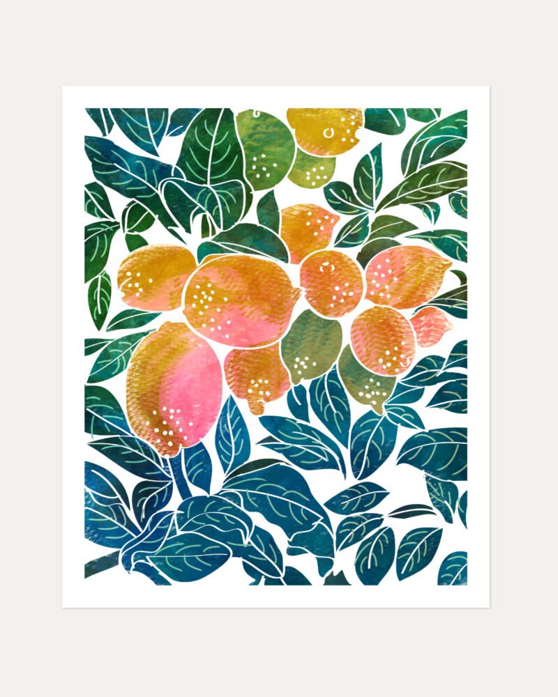 Shop Lemons watercolor Nature botanical Jungle Pastel Palm Art Print, Canvas Print, Commercial digital license & Instant download printable - available at 83oranges.com by artist Uma Gokhale India