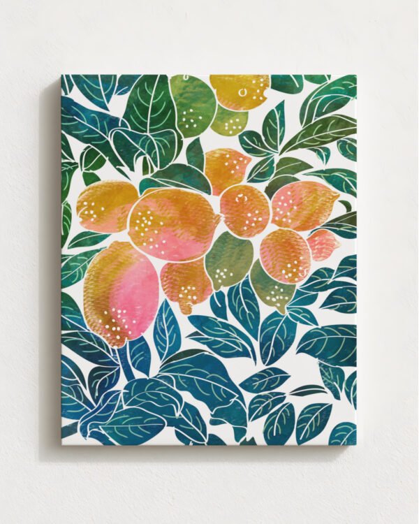 Shop Lemons watercolor Nature botanical Jungle Pastel Palm Art Print, Canvas Print, Commercial digital license & Instant download printable - available at 83oranges.com by artist Uma Gokhale India