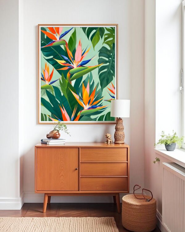 Shop Tropical bird of paradise botanical nature jungle plants floral Art Print, Canvas Print, Commercial Digital License & Instant download printable- exclusively available at 83oranges.com by artist Uma Gokhale India