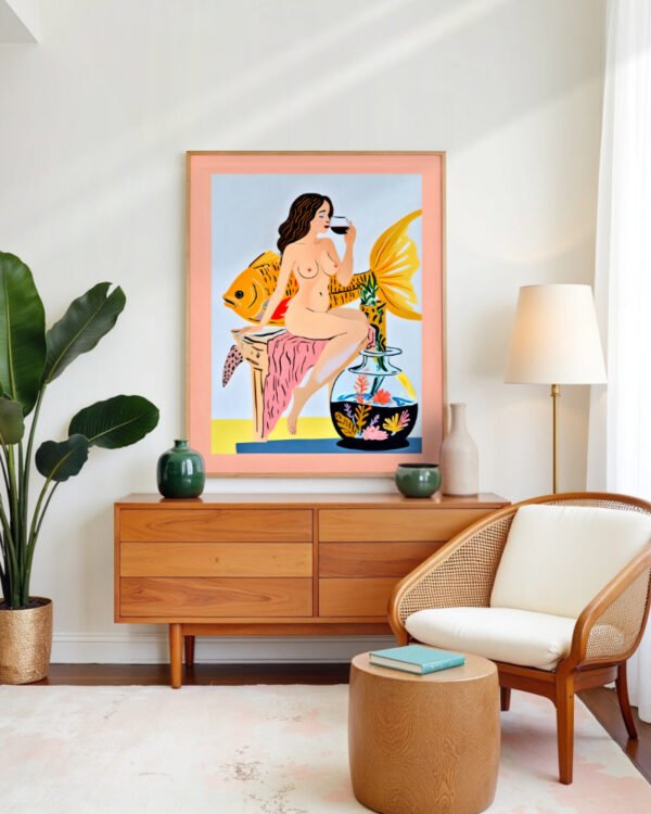Shop Fishy Shenanigans nude whimsical Art Print, Canvas Print, Commercial digital license & Instant download printable - certified & available to order online at 83oranges.com by artist Uma Gokhale India