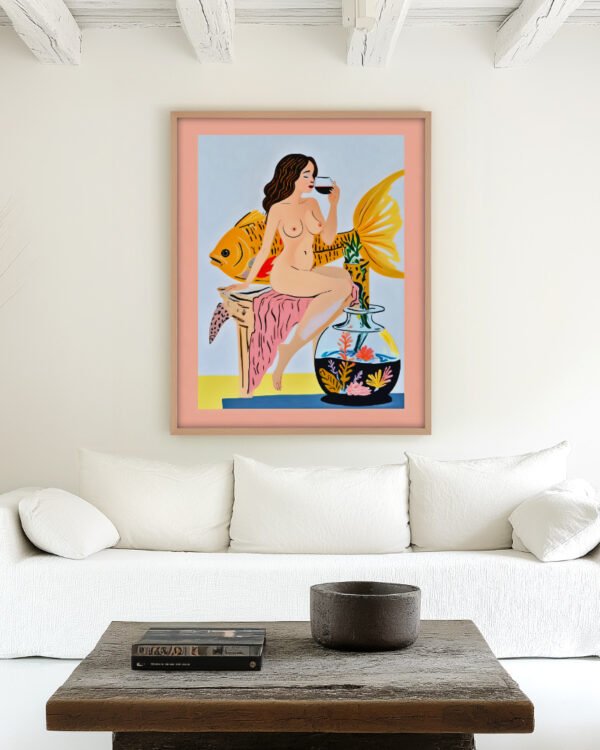 Shop Fishy Shenanigans nude whimsical Art Print, Canvas Print, Commercial digital license & Instant download printable - certified & available to order online at 83oranges.com by artist Uma Gokhale India