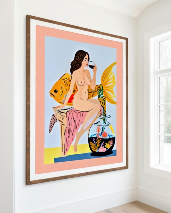 Shop Fishy Shenanigans nude whimsical Art Print, Canvas Print, Commercial digital license & Instant download printable - certified & available to order online at 83oranges.com by artist Uma Gokhale India