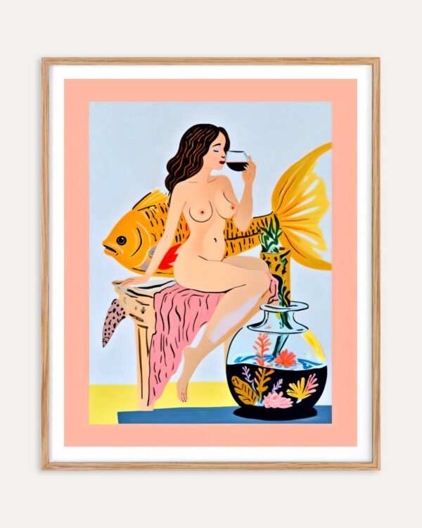 Shop Fishy Shenanigans nude whimsical Art Print, Canvas Print, Commercial digital license & Instant download printable - certified & available to order online at 83oranges.com by artist Uma Gokhale India